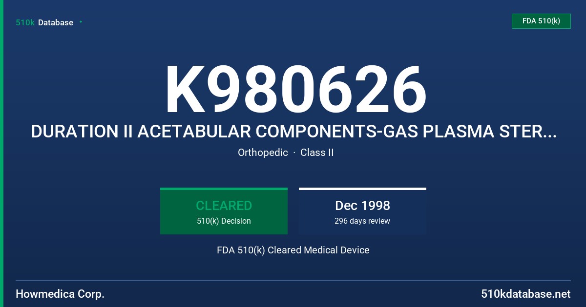 K980626 DURATION II ACETABULAR COMPONENTS-GAS PLASMA STERILIZATION FDA 510(k) Cleared Medical Device