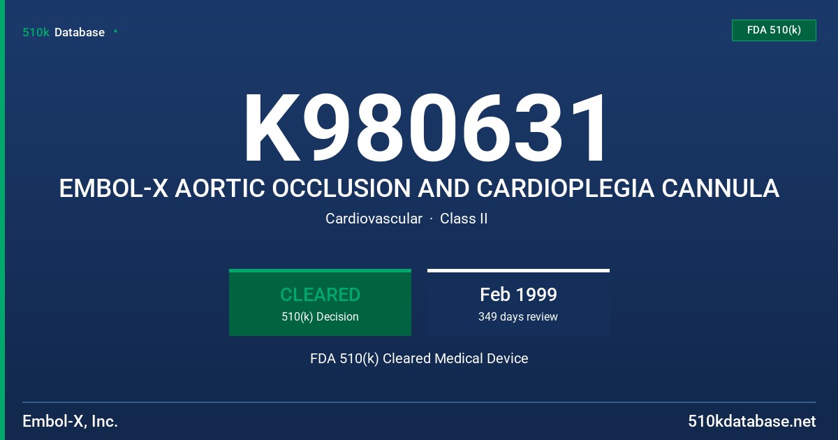 K980631 EMBOL-X AORTIC OCCLUSION AND CARDIOPLEGIA CANNULA FDA 510(k) Cleared Medical Device