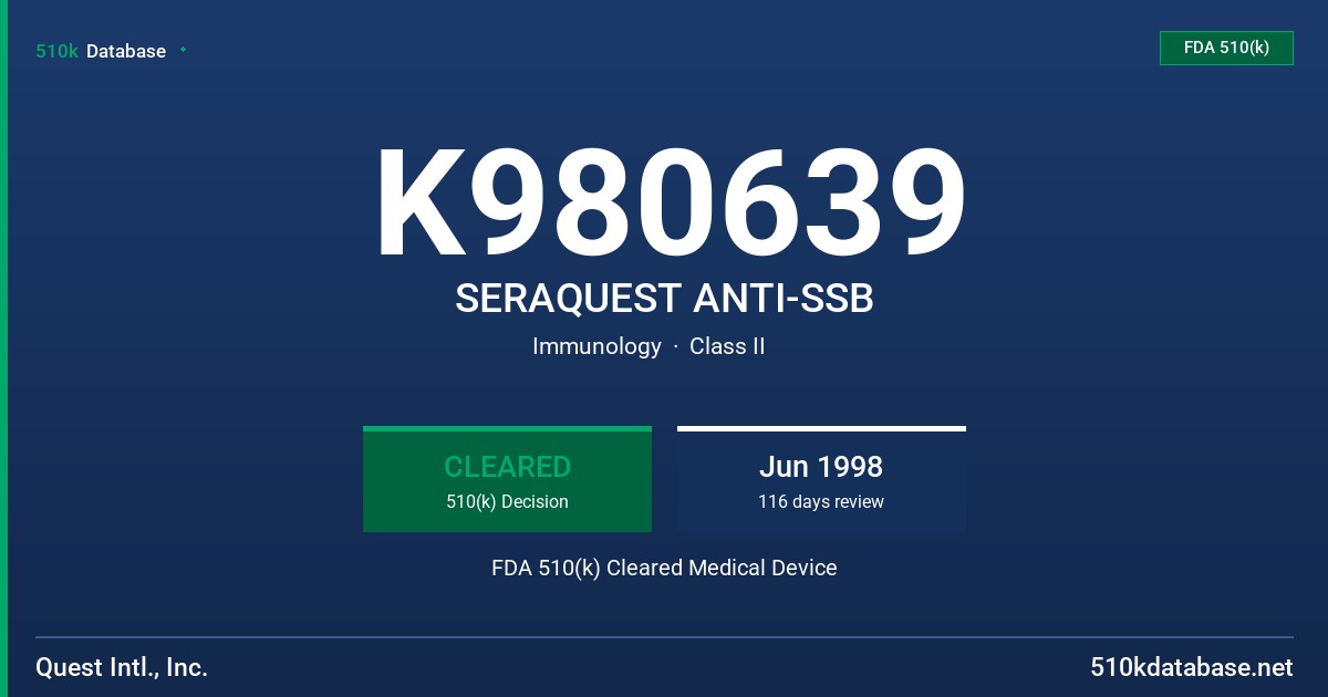 K980639 SERAQUEST ANTI-SSB FDA 510(k) Cleared Medical Device