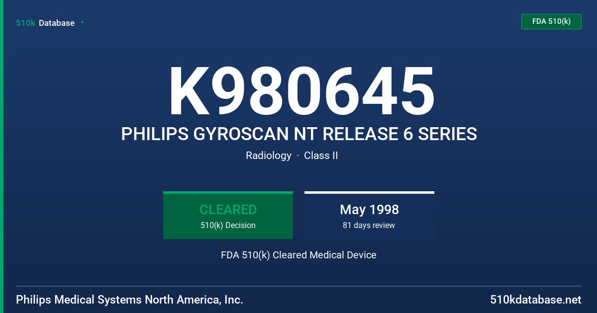 K980645 PHILIPS GYROSCAN NT RELEASE 6 SERIES FDA 510(k) Cleared Medical Device