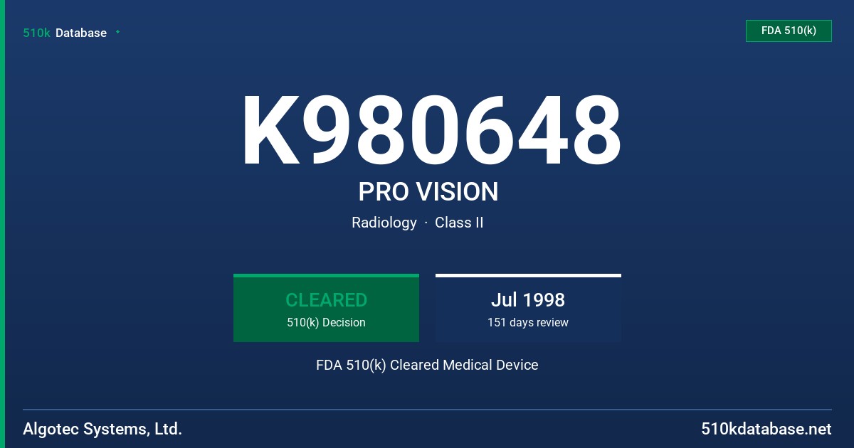 K980648 PRO VISION FDA 510(k) Cleared Medical Device