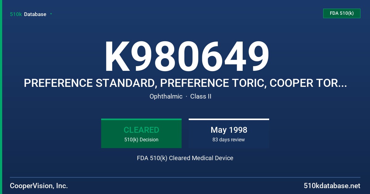 K980649 PREFERENCE STANDARD, PREFERENCE TORIC, COOPER TORIC, COOPERCLEAR, COOPERHT, CB 43, VANTAGE, VANTAGE ACCENTS FDA 510(k) Cleared Medical Device