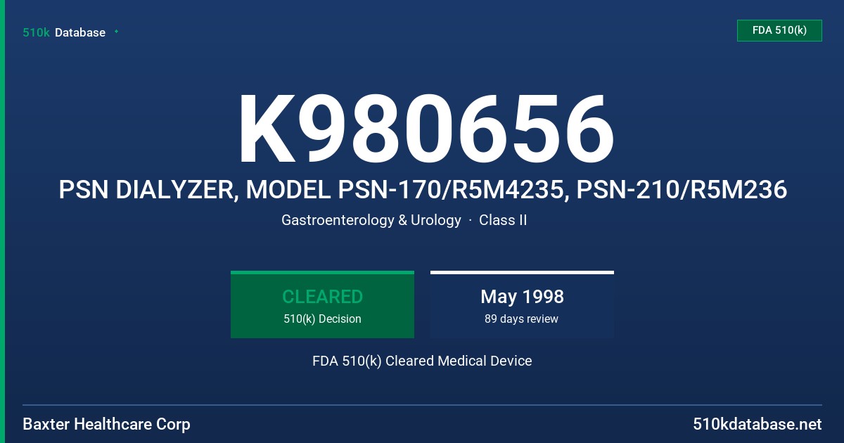 K980656 PSN DIALYZER, MODEL PSN-170/R5M4235, PSN-210/R5M236 FDA 510(k) Cleared Medical Device