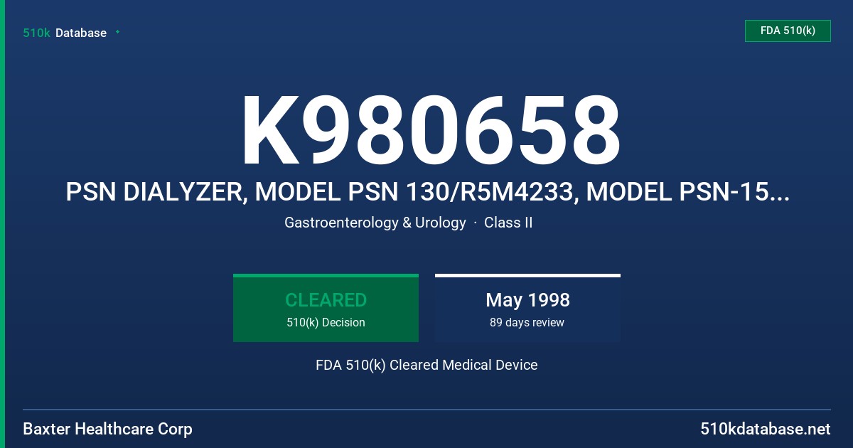 K980658 PSN DIALYZER, MODEL PSN 130/R5M4233, MODEL PSN-150/R5M4234 FDA 510(k) Cleared Medical Device