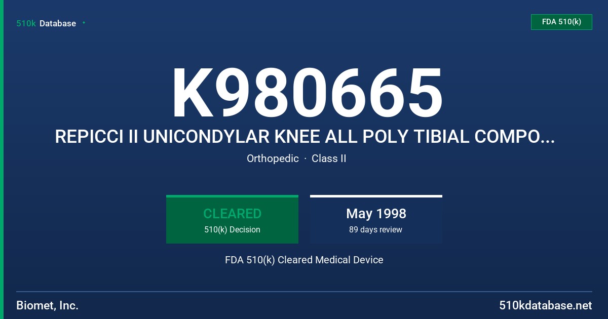 K980665 REPICCI II UNICONDYLAR KNEE ALL POLY TIBIAL COMPONENTS FDA 510(k) Cleared Medical Device