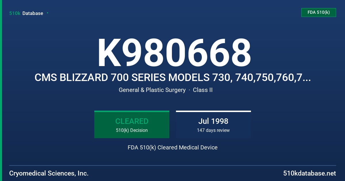 K980668 CMS BLIZZARD 700 SERIES MODELS 730, 740,750,760,770,780 & 790 FDA 510(k) Cleared Medical Device
