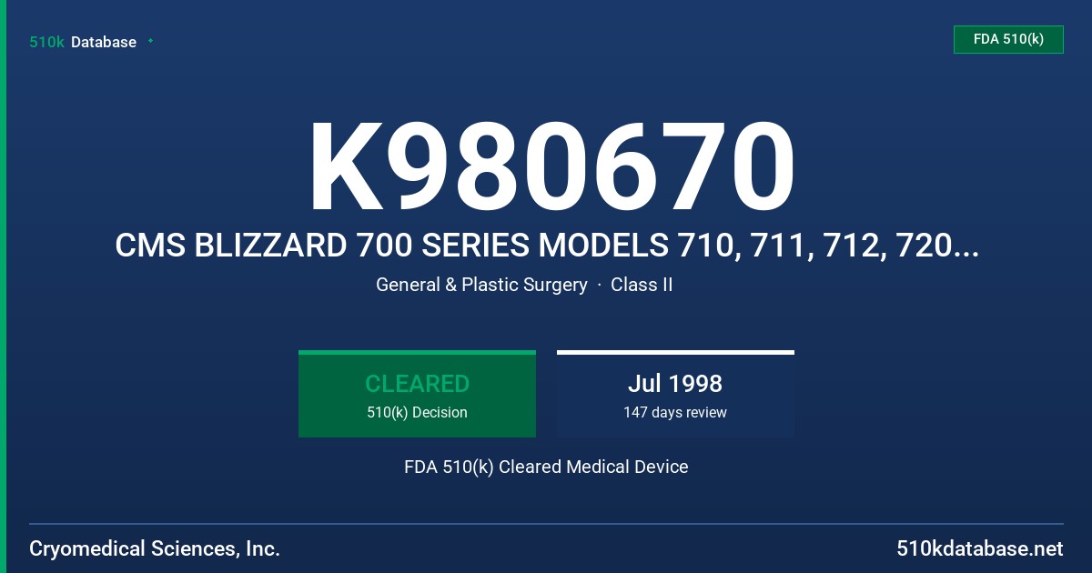 K980670 CMS BLIZZARD 700 SERIES MODELS 710, 711, 712, 720, 721 AND 722 FDA 510(k) Cleared Medical Device