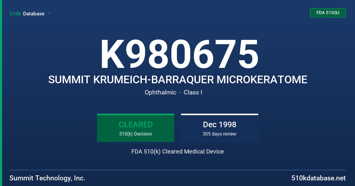 K980675 SUMMIT KRUMEICH-BARRAQUER MICROKERATOME FDA 510(k) Cleared Medical Device