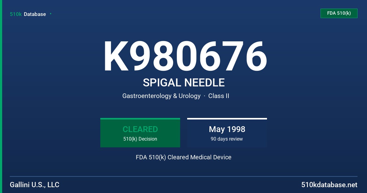 K980676 SPIGAL NEEDLE FDA 510(k) Cleared Medical Device