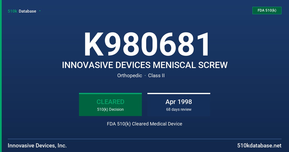 K980681 INNOVASIVE DEVICES MENISCAL SCREW FDA 510(k) Cleared Medical Device