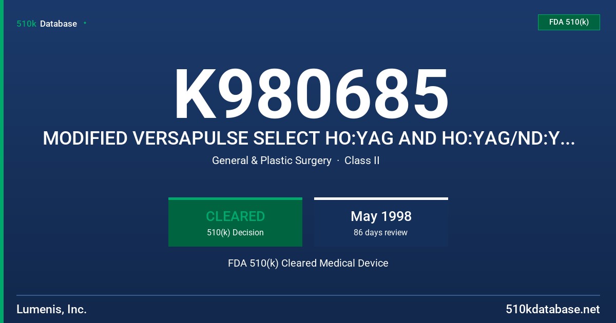 K980685 MODIFIED VERSAPULSE SELECT HO:YAG AND HO:YAG/ND:YAG LASERS FDA 510(k) Cleared Medical Device