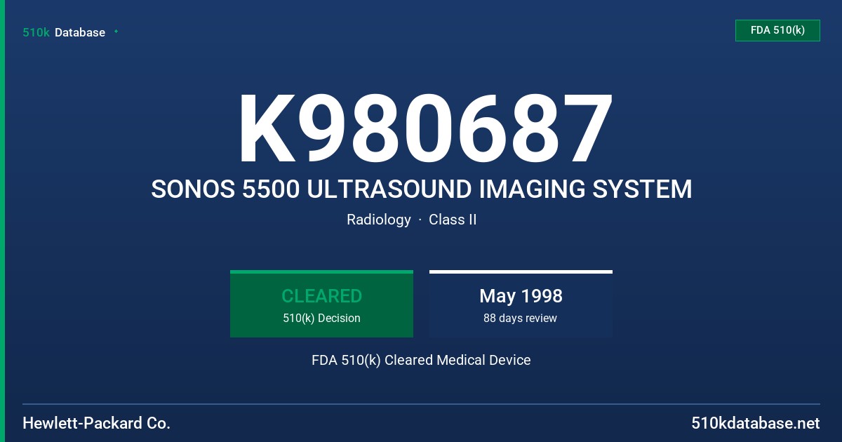 K980687 SONOS 5500 ULTRASOUND IMAGING SYSTEM FDA 510(k) Cleared Medical Device