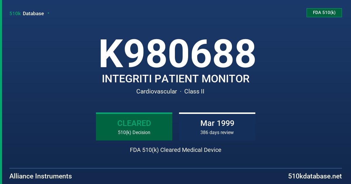 K980688 INTEGRITI PATIENT MONITOR FDA 510(k) Cleared Medical Device