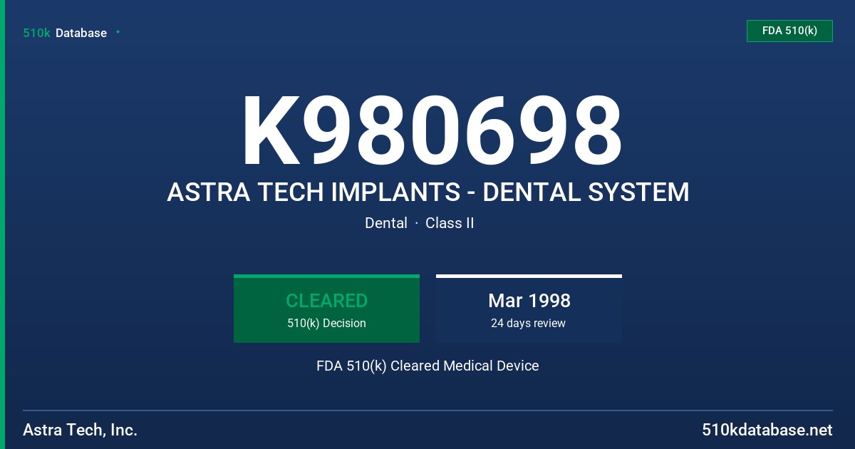 K980698 ASTRA TECH IMPLANTS - DENTAL SYSTEM FDA 510(k) Cleared Medical Device