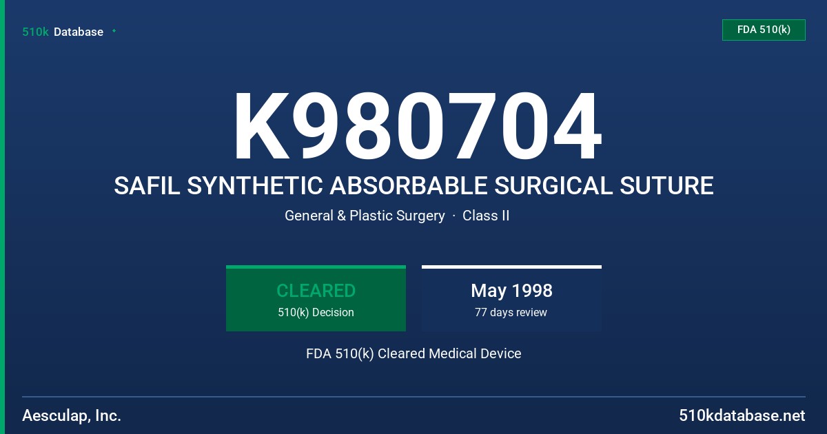 K980704 SAFIL SYNTHETIC ABSORBABLE SURGICAL SUTURE FDA 510(k) Cleared Medical Device