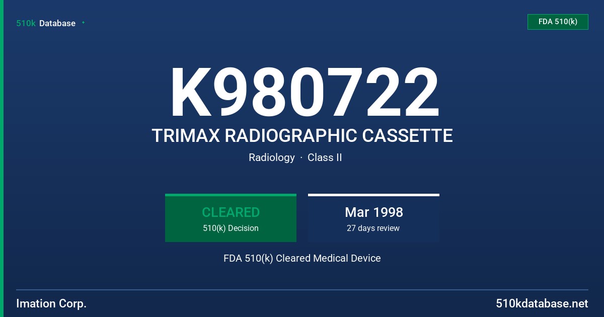 K980722 TRIMAX RADIOGRAPHIC CASSETTE FDA 510(k) Cleared Medical Device