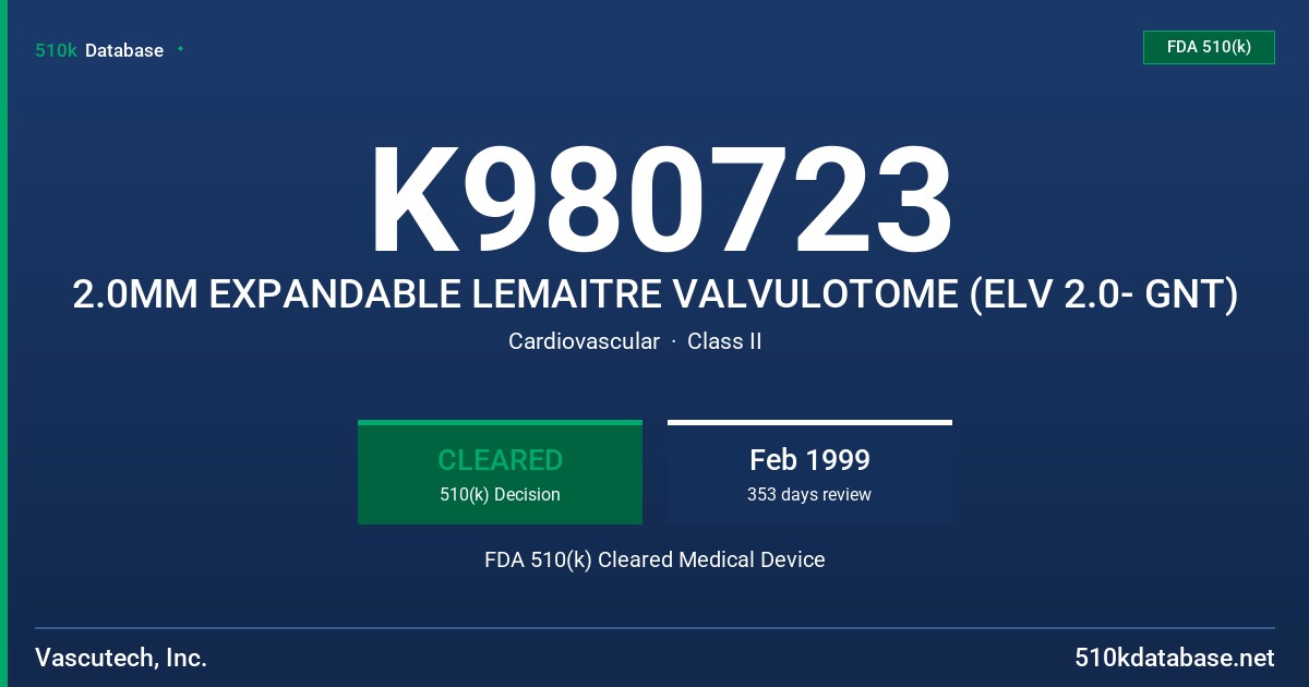 K980723 2.0MM EXPANDABLE LEMAITRE VALVULOTOME (ELV 2.0- GNT) FDA 510(k) Cleared Medical Device