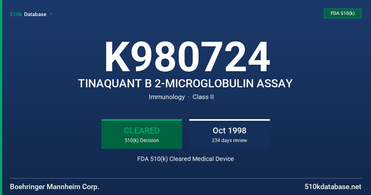 K980724 TINAQUANT B 2-MICROGLOBULIN ASSAY FDA 510(k) Cleared Medical Device
