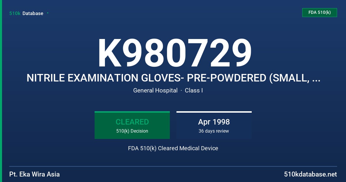 K980729 NITRILE EXAMINATION GLOVES- PRE-POWDERED (SMALL, MEDIUM & LARGE) FDA 510(k) Cleared Medical Device