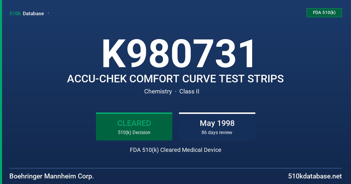 K980731 ACCU-CHEK COMFORT CURVE TEST STRIPS FDA 510(k) Cleared Medical Device