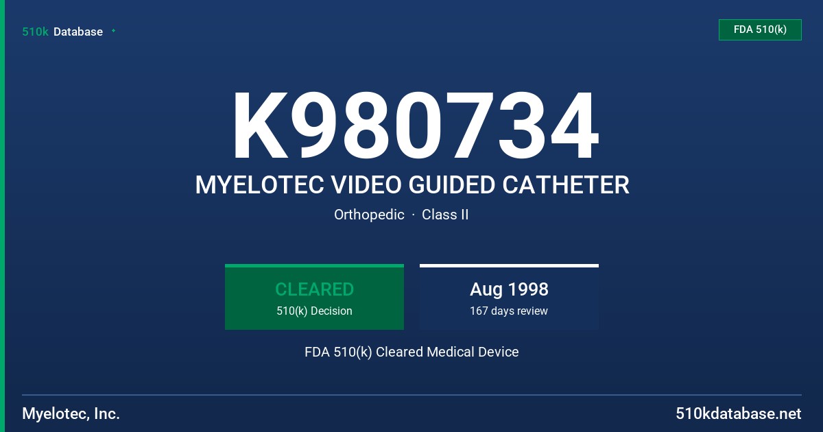 K980734 MYELOTEC VIDEO GUIDED CATHETER FDA 510(k) Cleared Medical Device