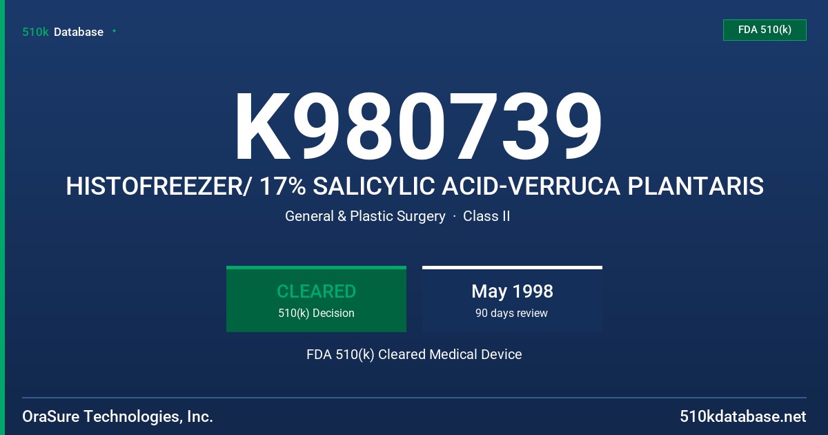 K980739 HISTOFREEZER/ 17% SALICYLIC ACID-VERRUCA PLANTARIS FDA 510(k) Cleared Medical Device