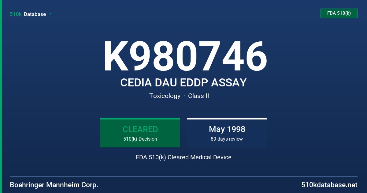 K980746 CEDIA DAU EDDP ASSAY FDA 510(k) Cleared Medical Device
