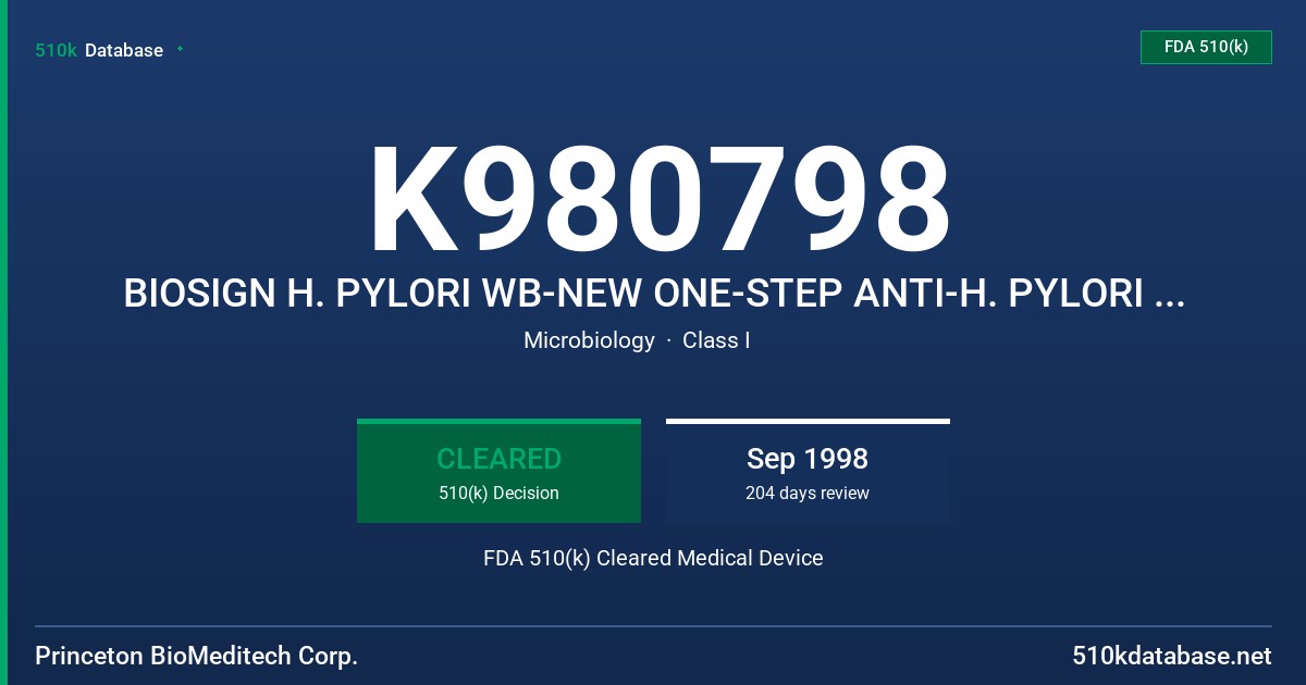 K980798 BIOSIGN H. PYLORI WB-NEW ONE-STEP ANTI-H. PYLORI ANTIBODY TEST FDA 510(k) Cleared Medical Device