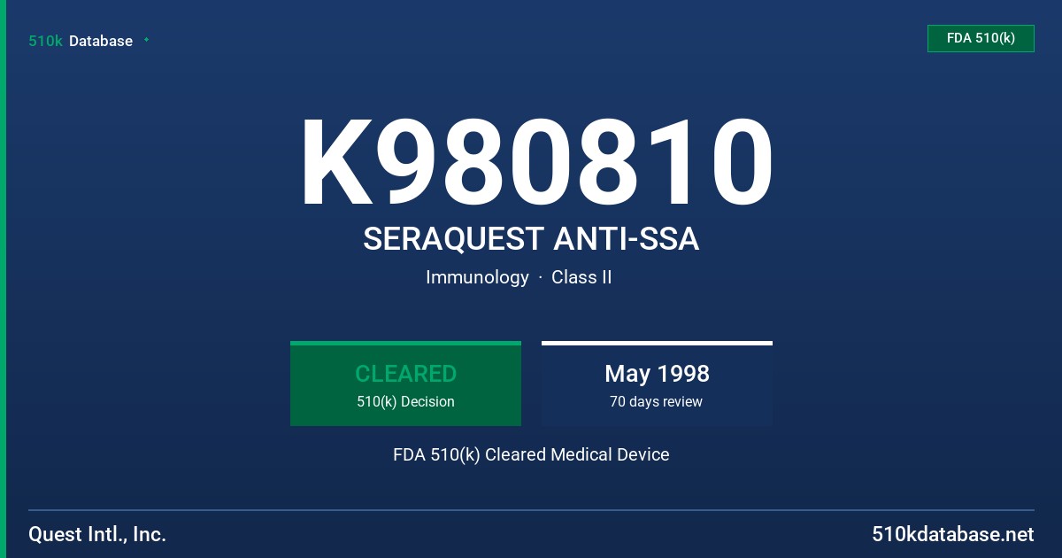 K980810 SERAQUEST ANTI-SSA FDA 510(k) Cleared Medical Device