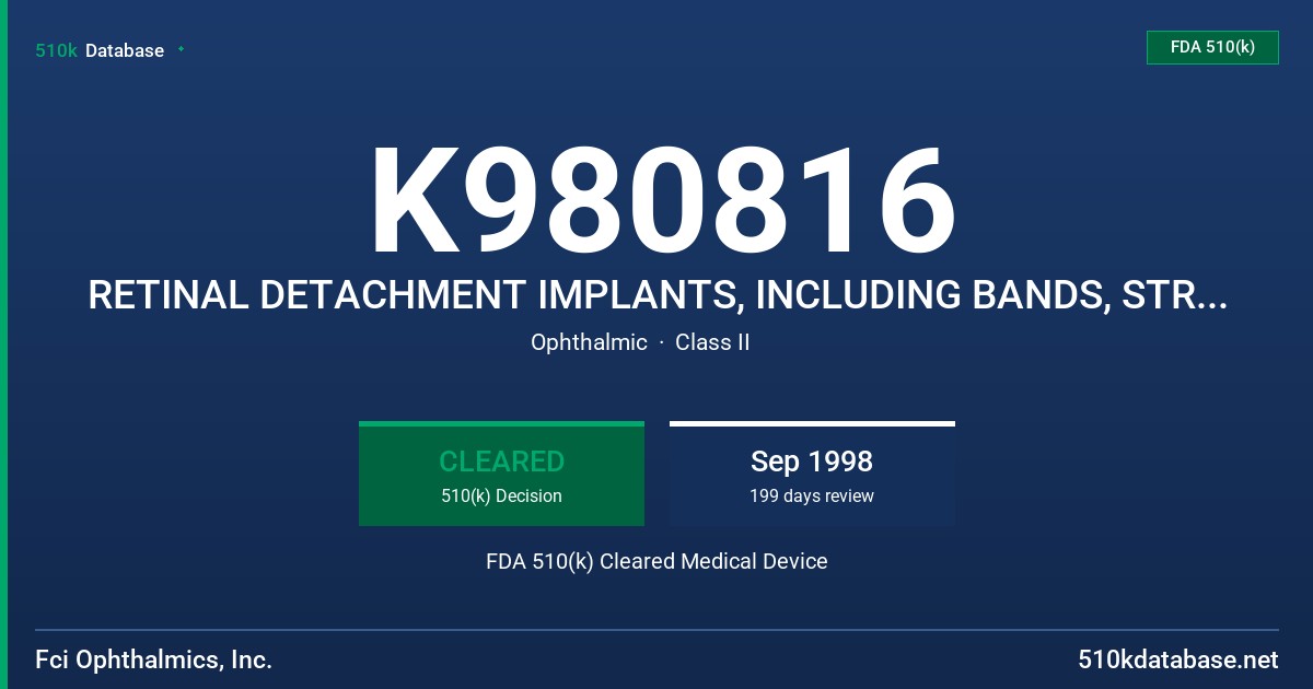 K980816 RETINAL DETACHMENT IMPLANTS, INCLUDING BANDS, STRIPS (RAILS) AND SPONGES FDA 510(k) Cleared Medical Device