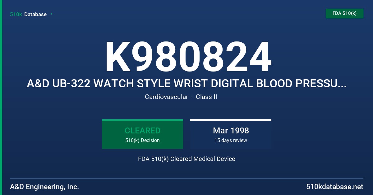 K980824 A&D UB-322 WATCH STYLE WRIST DIGITAL BLOOD PRESSURE MONITOR FDA 510(k) Cleared Medical Device