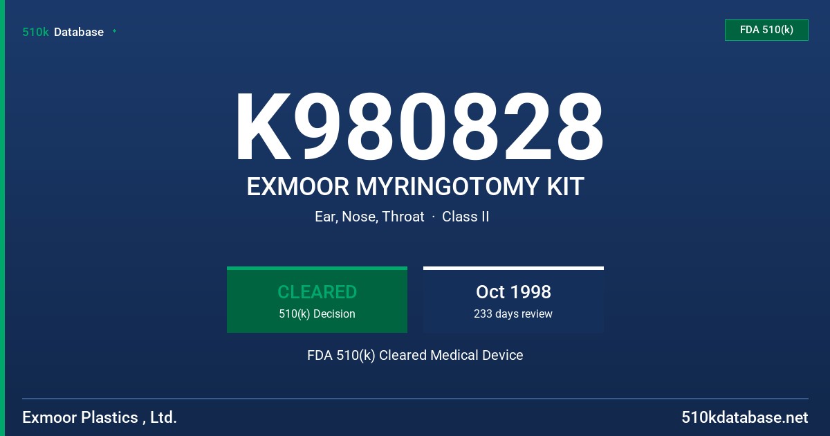 K980828 EXMOOR MYRINGOTOMY KIT FDA 510(k) Cleared Medical Device