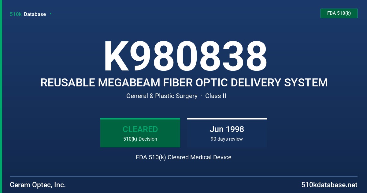 K980838 REUSABLE MEGABEAM FIBER OPTIC DELIVERY SYSTEM FDA 510(k) Cleared Medical Device