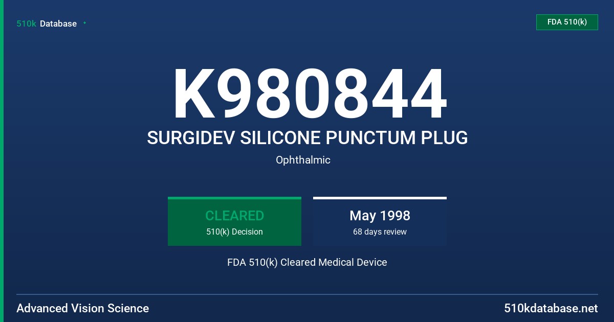 K980844 SURGIDEV SILICONE PUNCTUM PLUG FDA 510(k) Cleared Medical Device