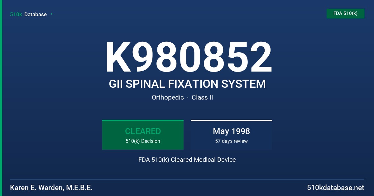 K980852 GII SPINAL FIXATION SYSTEM FDA 510(k) Cleared Medical Device
