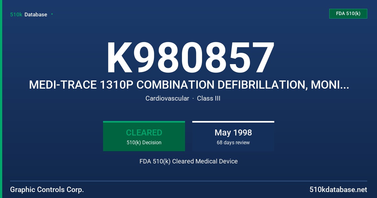 K980857 MEDI-TRACE 1310P COMBINATION DEFIBRILLATION, MONITORING & PACING ELECTRODE FDA 510(k) Cleared Medical Device