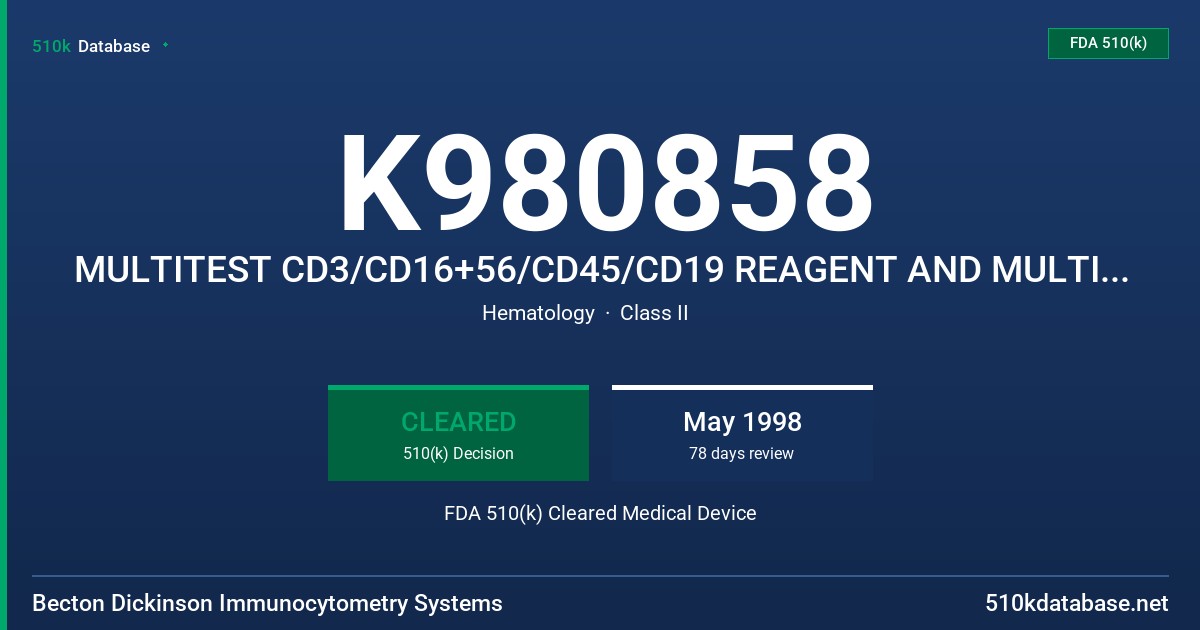 K980858 MULTITEST CD3/CD16+56/CD45/CD19 REAGENT AND MULTITEST IMK KIT LYSING SOLUTION FDA 510(k) Cleared Medical Device