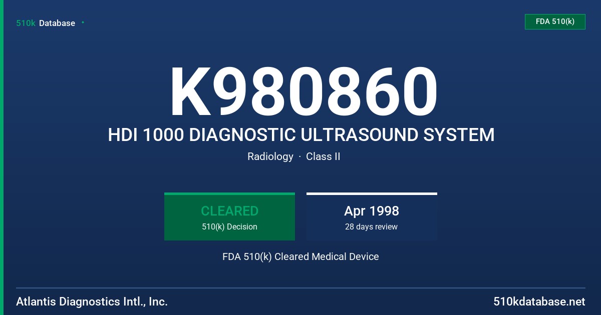 K980860 HDI 1000 DIAGNOSTIC ULTRASOUND SYSTEM FDA 510(k) Cleared Medical Device