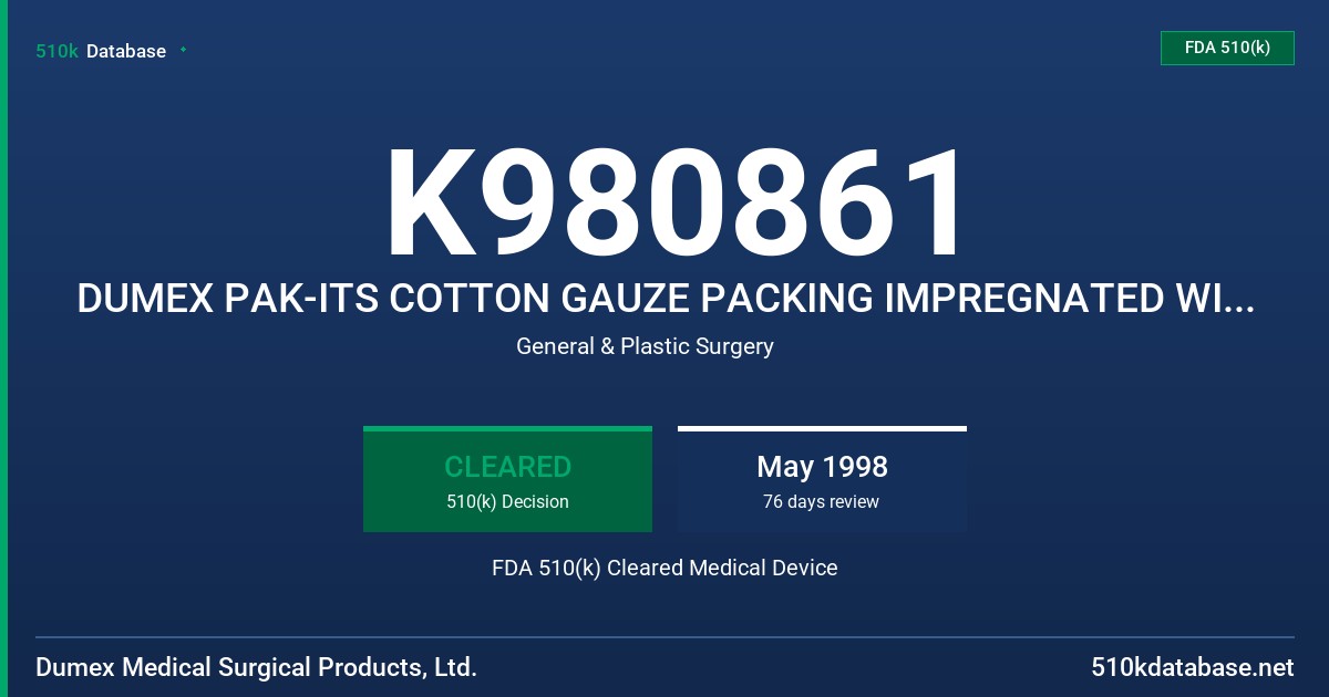 K980861 DUMEX PAK-ITS COTTON GAUZE PACKING IMPREGNATED WITH HYDROGEL FDA 510(k) Cleared Medical Device