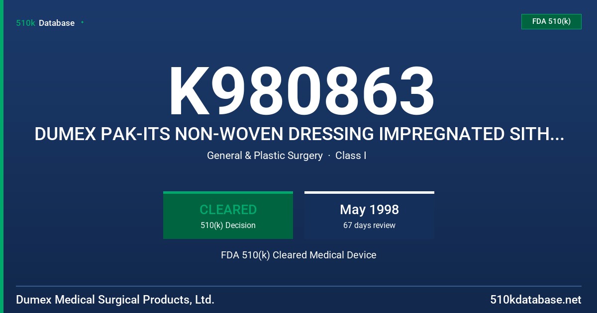 K980863 DUMEX PAK-ITS NON-WOVEN DRESSING IMPREGNATED SITH SODIUM CHLORIDE (HYPERTONIC) FDA 510(k) Cleared Medical Device