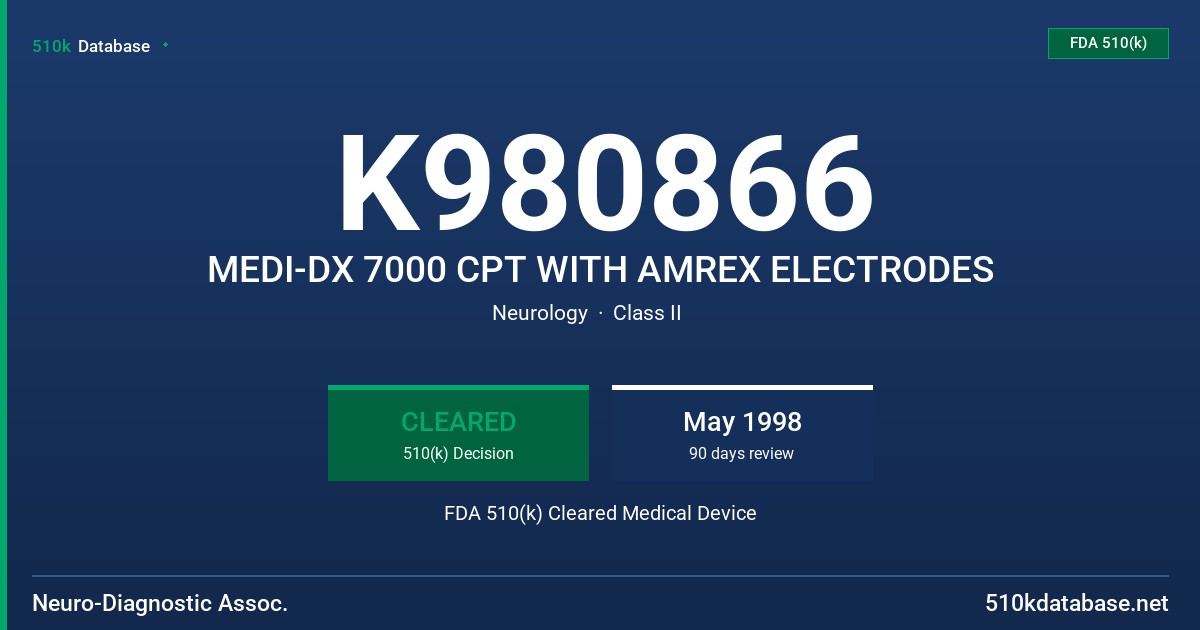 K980866 MEDI-DX 7000 CPT WITH AMREX ELECTRODES FDA 510(k) Cleared Medical Device
