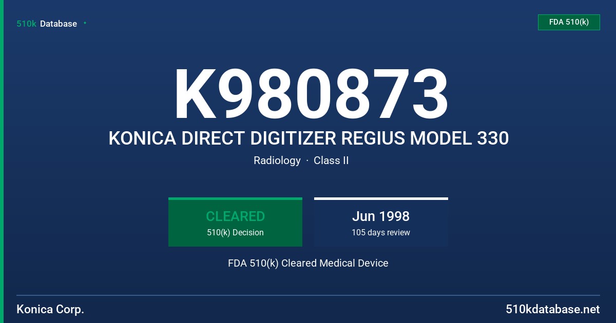 K980873 KONICA DIRECT DIGITIZER REGIUS MODEL 330 FDA 510(k) Cleared Medical Device