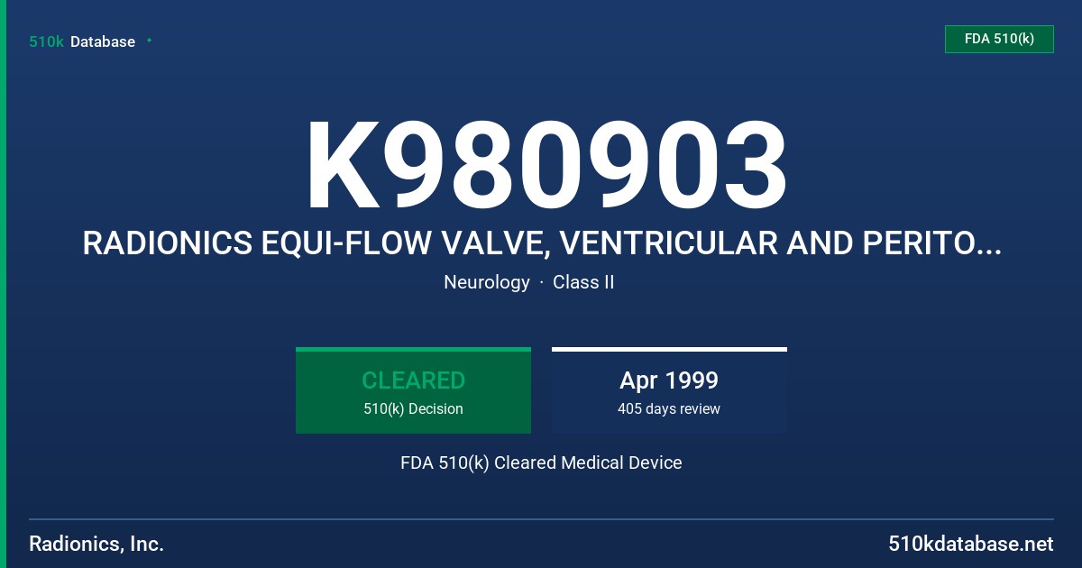 K980903 RADIONICS EQUI-FLOW VALVE, VENTRICULAR AND PERITONEAL CATHETER WITH EZ-COAT FDA 510(k) Cleared Medical Device