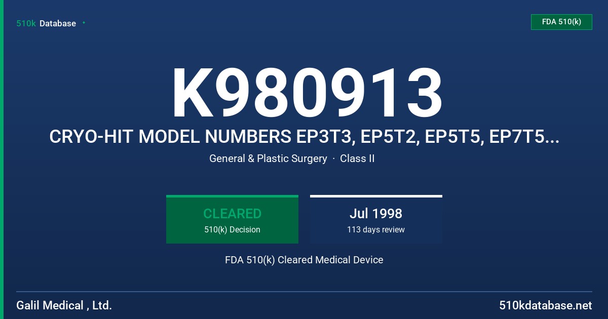 K980913 CRYO-HIT MODEL NUMBERS EP3T3, EP5T2, EP5T5, EP7T5, EP8T5 FDA 510(k) Cleared Medical Device