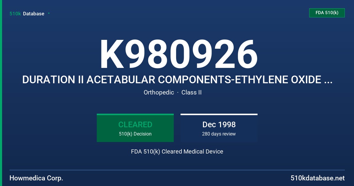K980926 DURATION II ACETABULAR COMPONENTS-ETHYLENE OXIDE STERILIZATION FDA 510(k) Cleared Medical Device