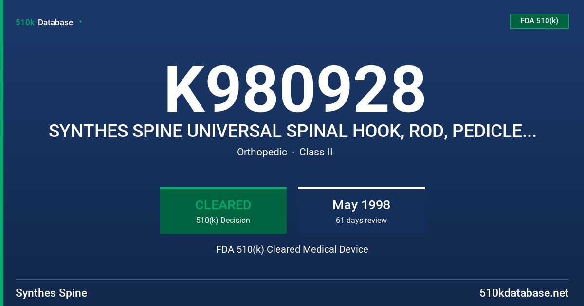 K980928 SYNTHES SPINE UNIVERSAL SPINAL HOOK, ROD, PEDICLE/SACRAL SCREW FIXATION SYSTEM FDA 510(k) Cleared Medical Device