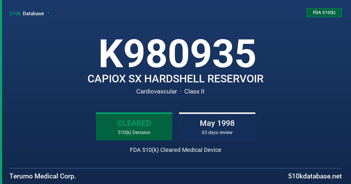 K980935 CAPIOX SX HARDSHELL RESERVOIR FDA 510(k) Cleared Medical Device