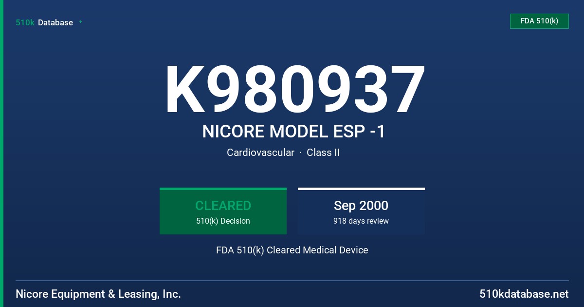 K980937 NICORE MODEL ESP -1 FDA 510(k) Cleared Medical Device