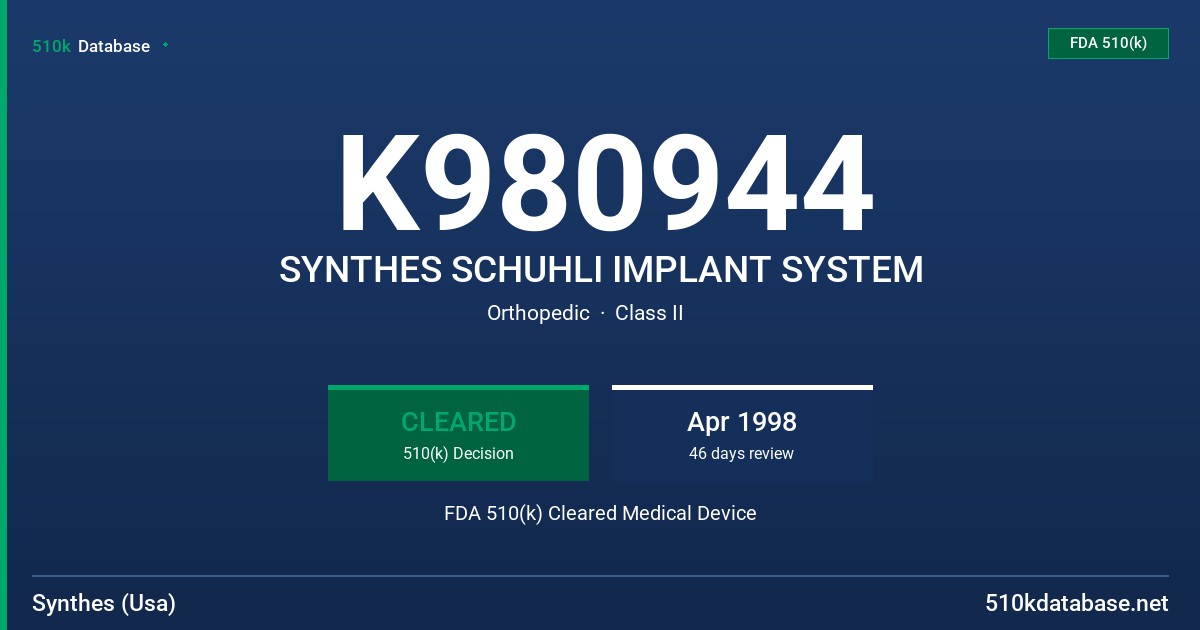 K980944 SYNTHES SCHUHLI IMPLANT SYSTEM FDA 510(k) Cleared Medical Device