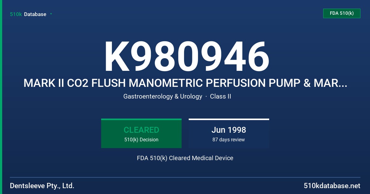 K980946 MARK II CO2 FLUSH MANOMETRIC PERFUSION PUMP & MARK II MANOMETRIC PERFUSION PUMP FDA 510(k) Cleared Medical Device